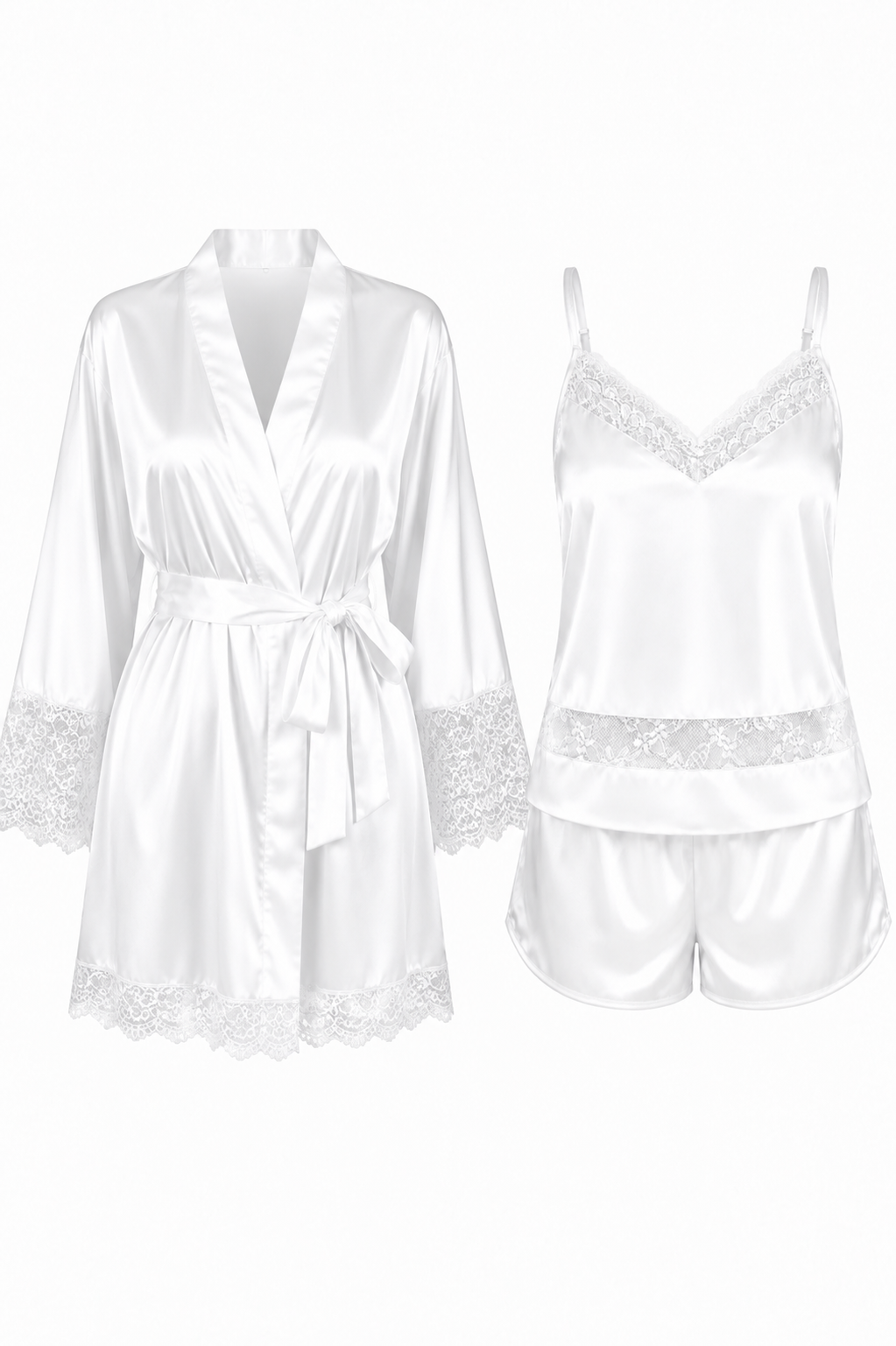 KIT BATA Y PIJAMA SHORT SATINADO BLANCO