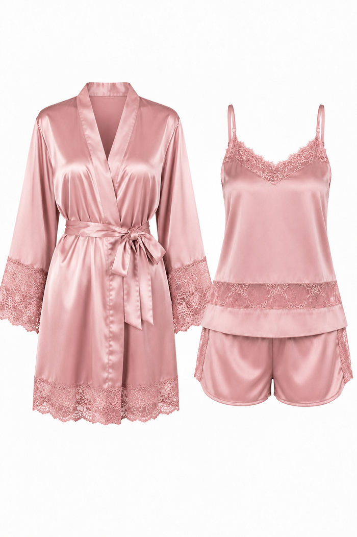 KIT BATA Y PIJAMA SHORT SATINADO ROSA