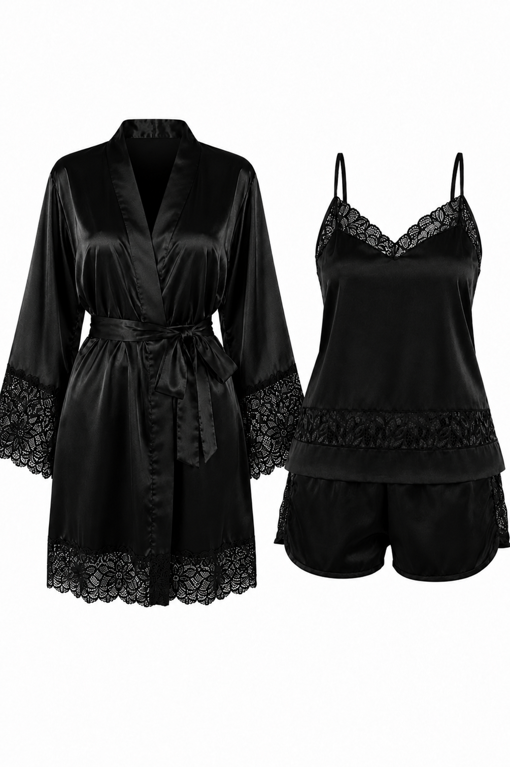 KIT BATA Y PIJAMA SHORT SATINADO NEGRO